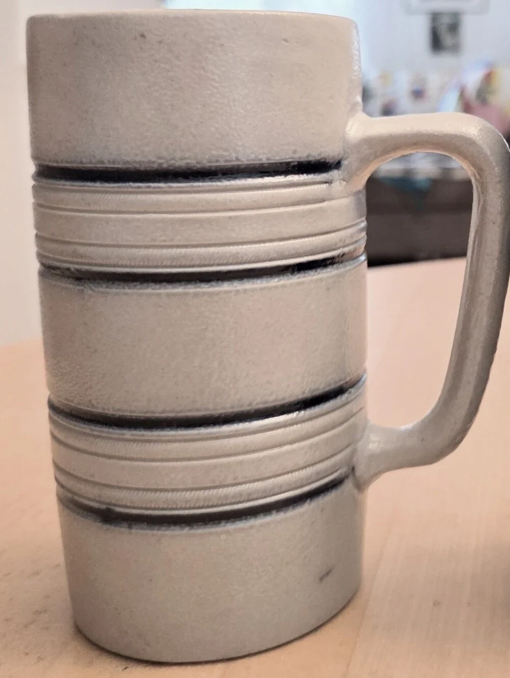 POTTERY Vintage Beer Stein Coffee Tea Mug Cup Blue Line SALT GLAZE